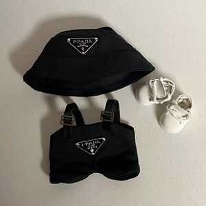 Designer Overalls Sneakers Bucket Hat 3 Piece Outfit For Labubu Black Suspenders